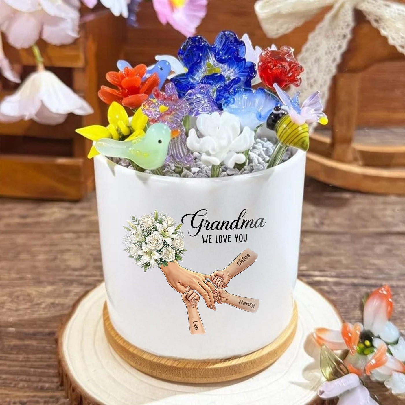 Personalized Large White Lily & White Rose Plant Pot-Personalized Mom Holding Hands|Best Mother's Day Gift– Timeless Gift for Every Home