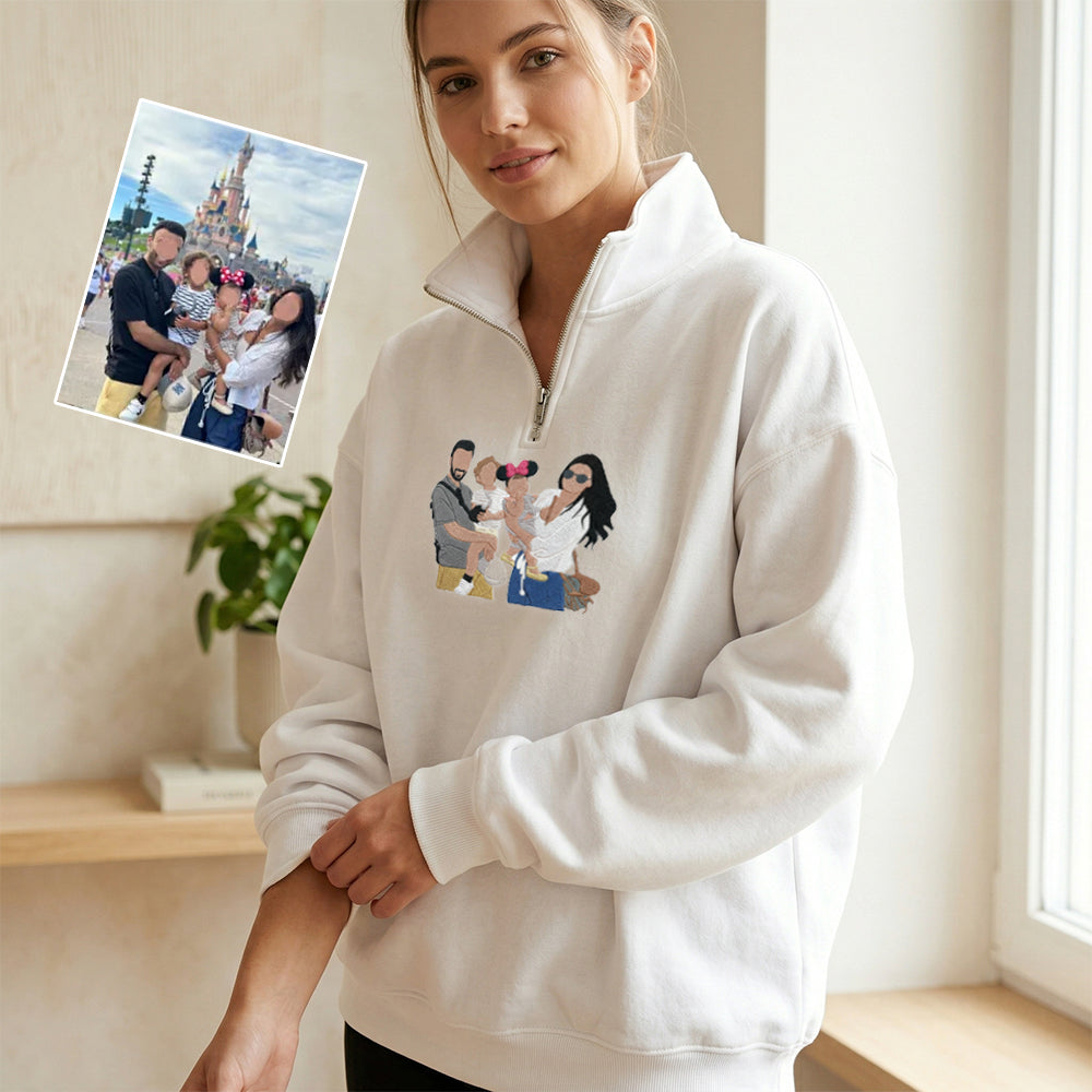 Custom Family Portrait From Photo Embroidered Quarter Zip Sweatshirt | Mother's Day Gift