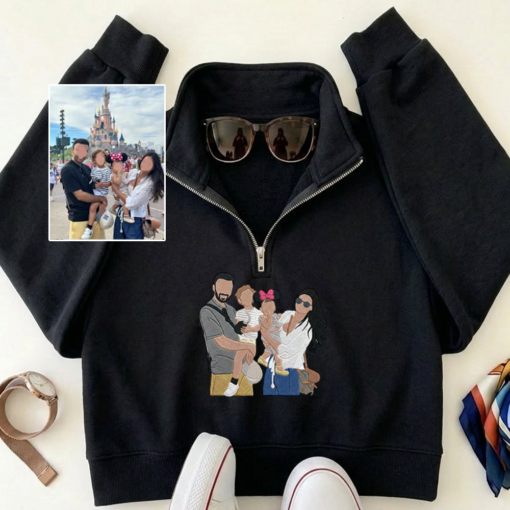 Custom Family Portrait From Photo Embroidered Quarter Zip Sweatshirt | Mother's Day Gift