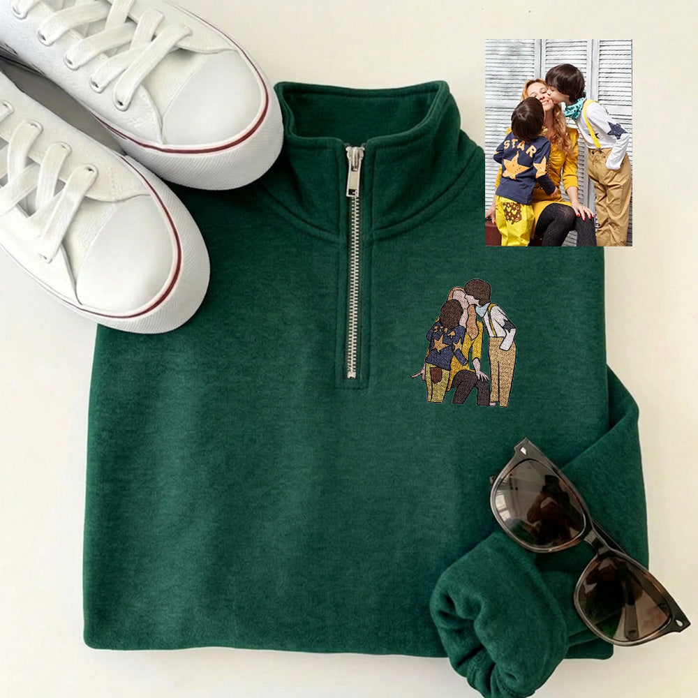 Custom Embroidered Portrait Quarter Zip Sweatshirt from Photo | Mother's Day Gift