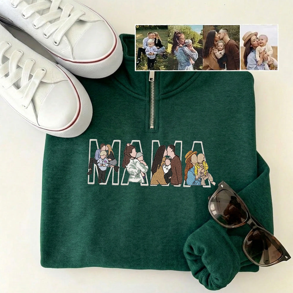 Custom Photo Portrait Embroidery Quarter Zip Sweatshirt, Gift For Mom/Mama/Family