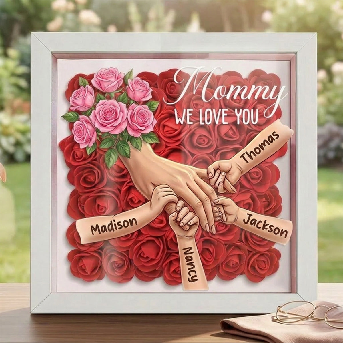 "Pink Roses"-Personalized Mom Holding Hands  Shadow Box-Mother's Day Remembrance Frame, In Loving Memory Gift
