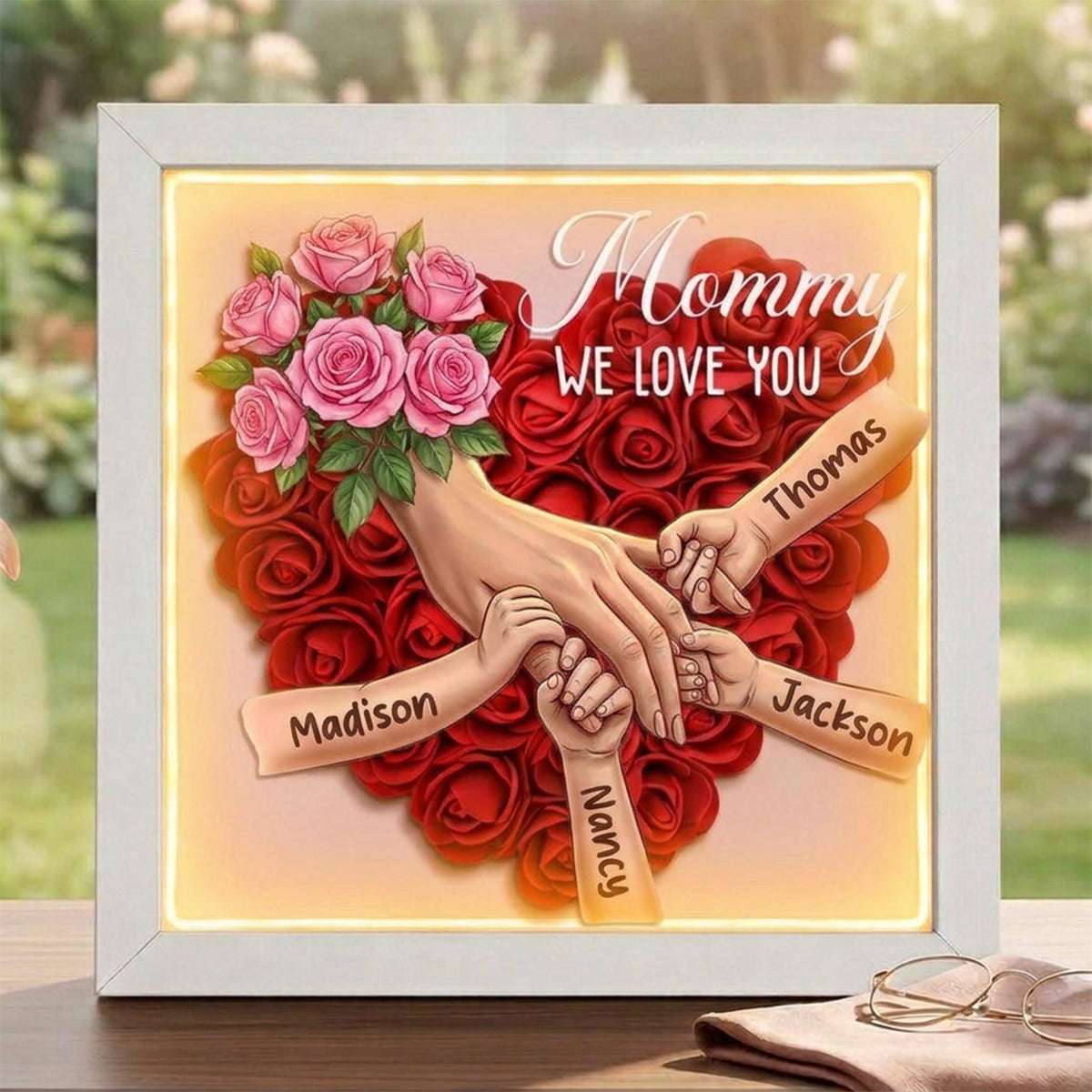 "Pink Roses"-Personalized Mom Holding Hands  Shadow Box-Mother's Day Remembrance Frame, In Loving Memory Gift