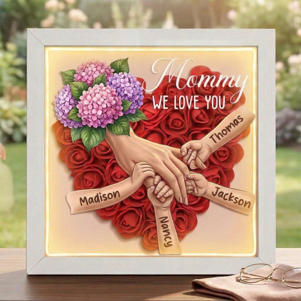 "Hydrangea"-Personalized Mom Holding Hands Flower Shadow Box-Mother's Day Remembrance Frame