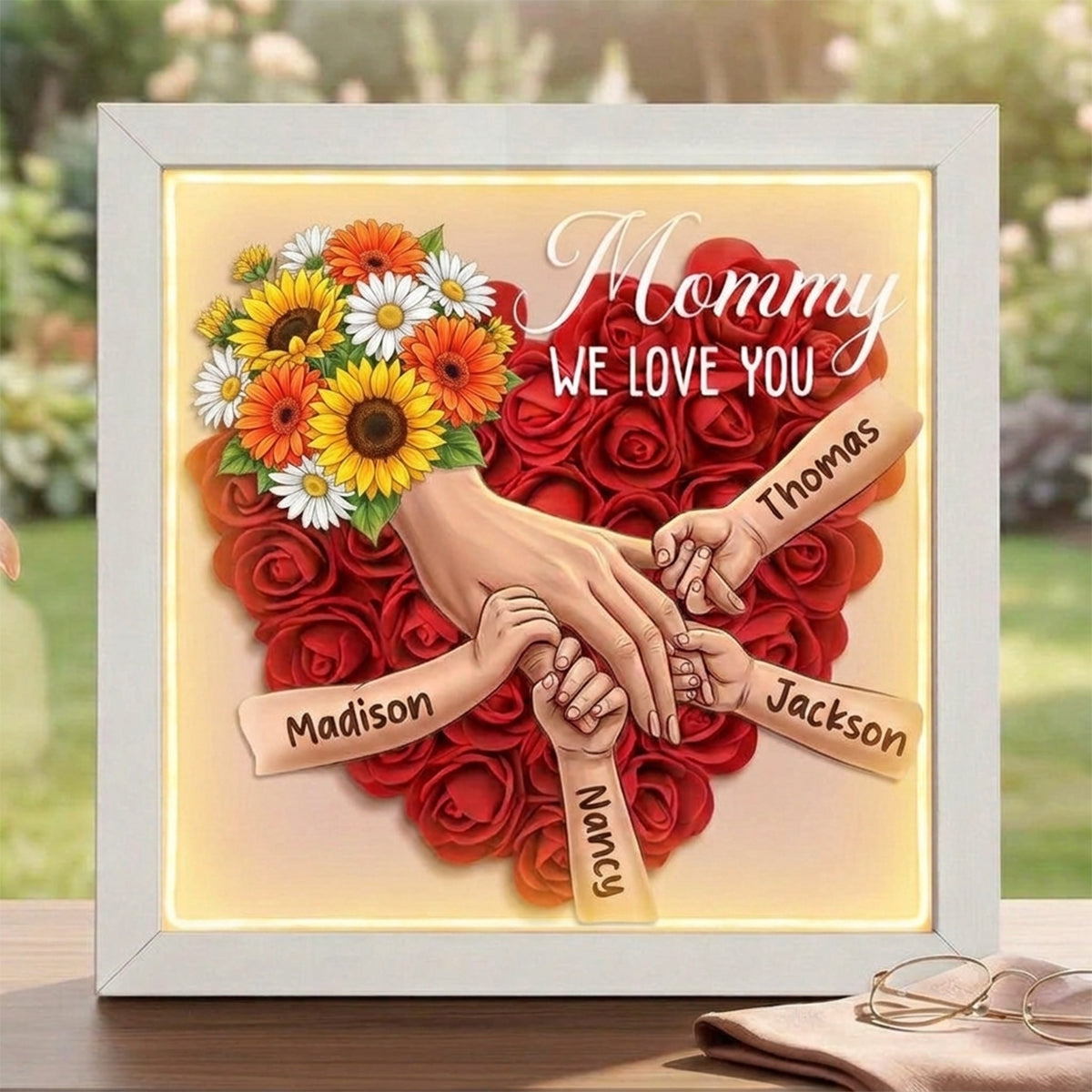 "sunflower"-Personalized Mom Holding Hands Memorial Shadow Box-Mother's Day Remembrance Frame, In Loving Memory Gift