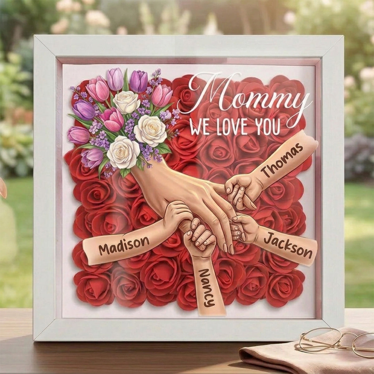 "Tulips & White Roses"-Personalized Mom Holding Hands Flower Shadow Box-Mother's Day Remembrance Frame, In Loving Memory Gift