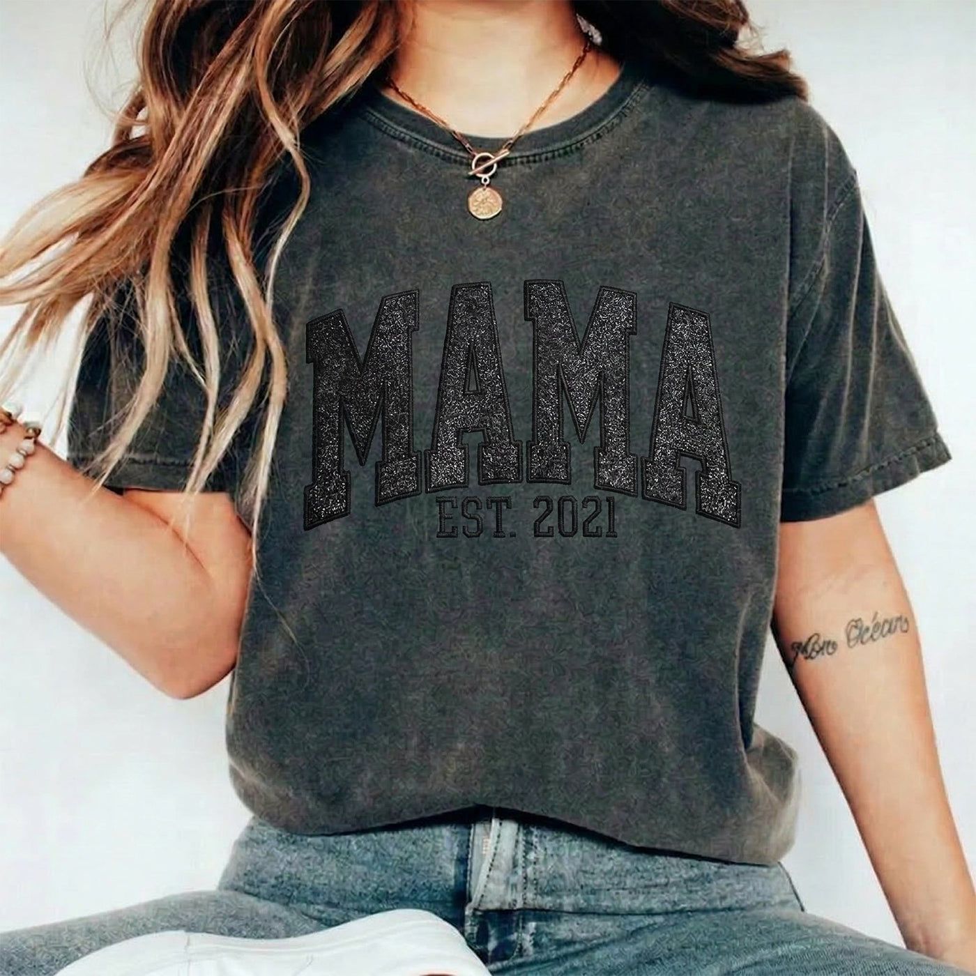Custom Embroidered Applique Glitter Mama Washed Sweatshirt - Gift for Mom