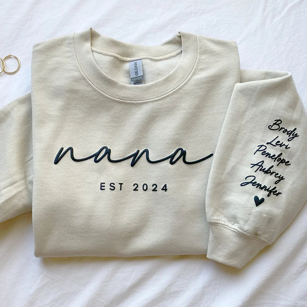 Custom Puff Print Sweatshirt Est Year with Kids Names on Sleeve | for Mama and Grandma Gift