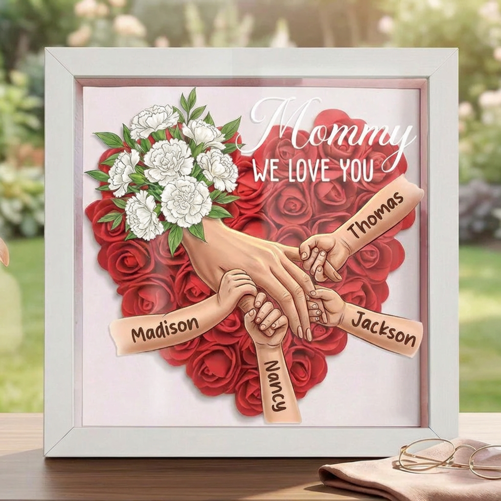 "White Carnation"-Personalized Mom Holding Hands Memorial Shadow Box-Mother's Day Remembrance Frame, In Loving Memory Gift