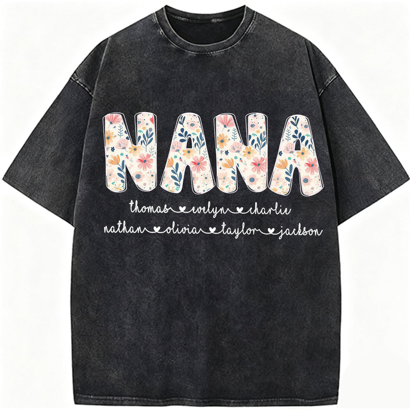 Personalized Nana Vintage Washed Sweatshirt with Grandkids' Names - Floral Grandma Gift