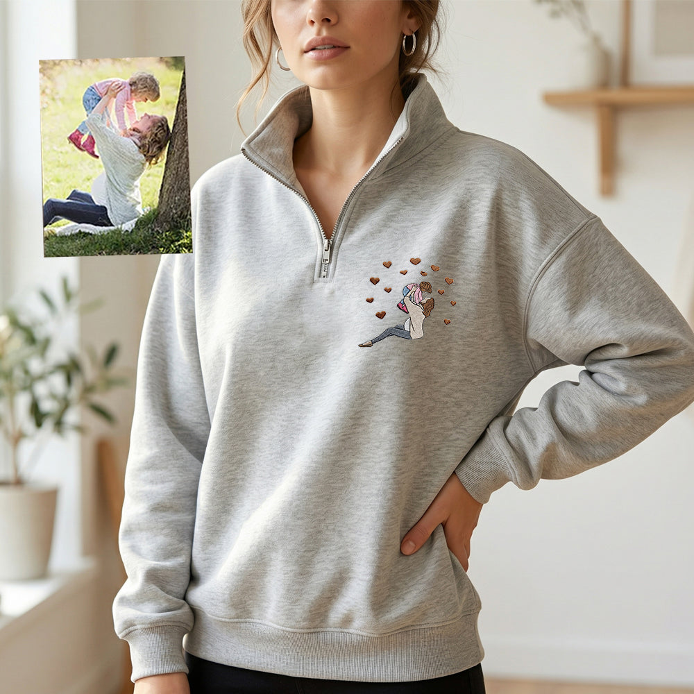 Custom Embroidered Portrait Quarter Zip Sweatshirt from Photo | Mother's Day Gift