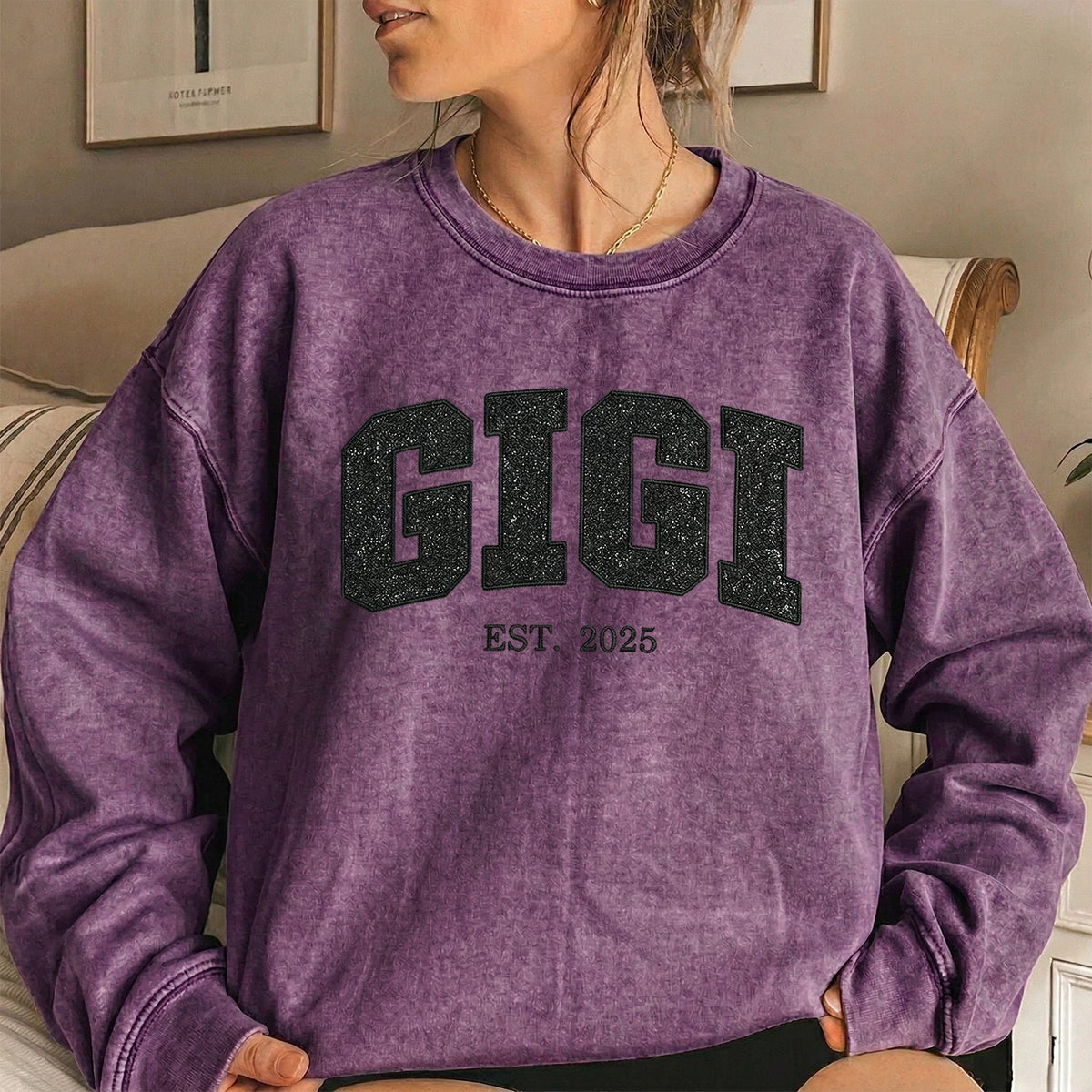 Custom Embroidered Applique Glitter Mama Washed Sweatshirt - Gift for Mom