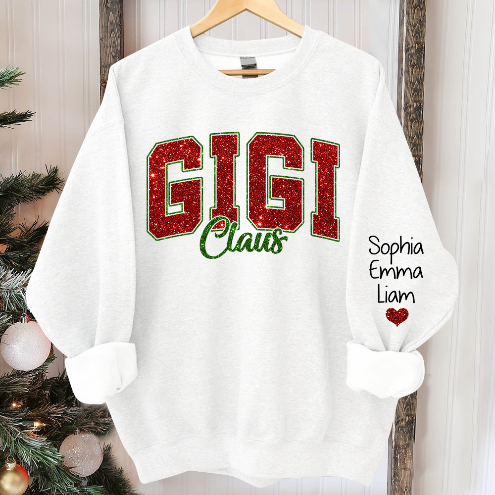 Custom Glitter Print Gigi Claus Christmas Grandma Nickname Sweatshirt With Grandkids Name