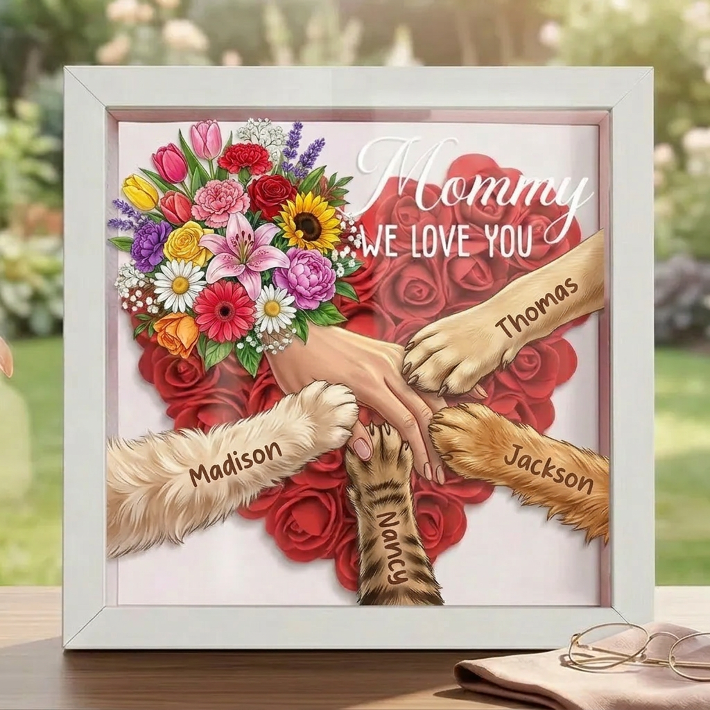 "Mixed Bouquet"-Personalized Pet Paw & Human Hand Holding Shadow Box-Mother's Day Remembrance Frame, In Loving Memory Gift