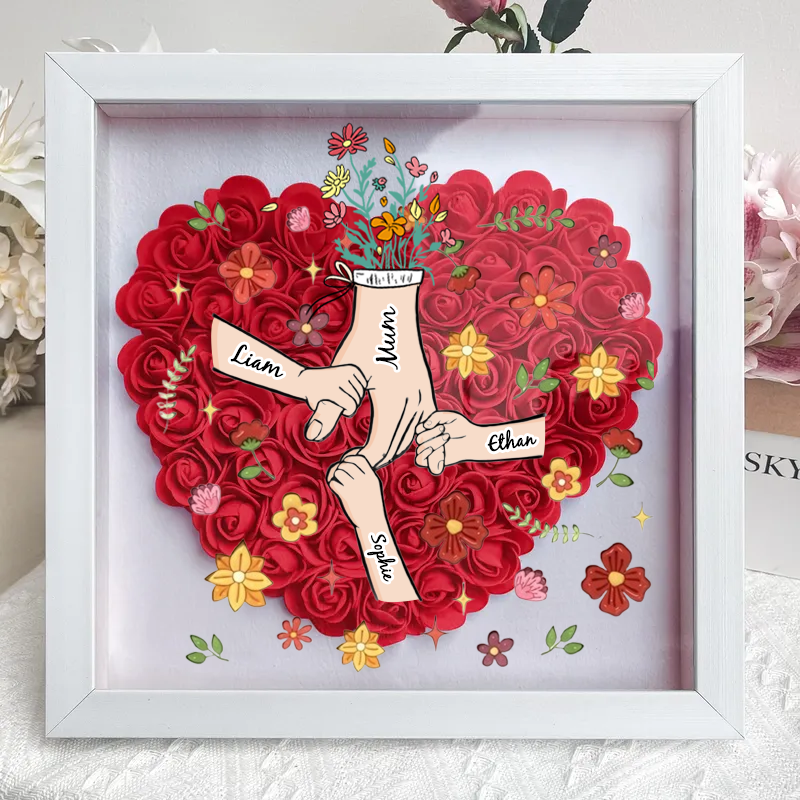 Personalized Flower Shadow Box, hand holding with many flowers- Mother's Day Gift