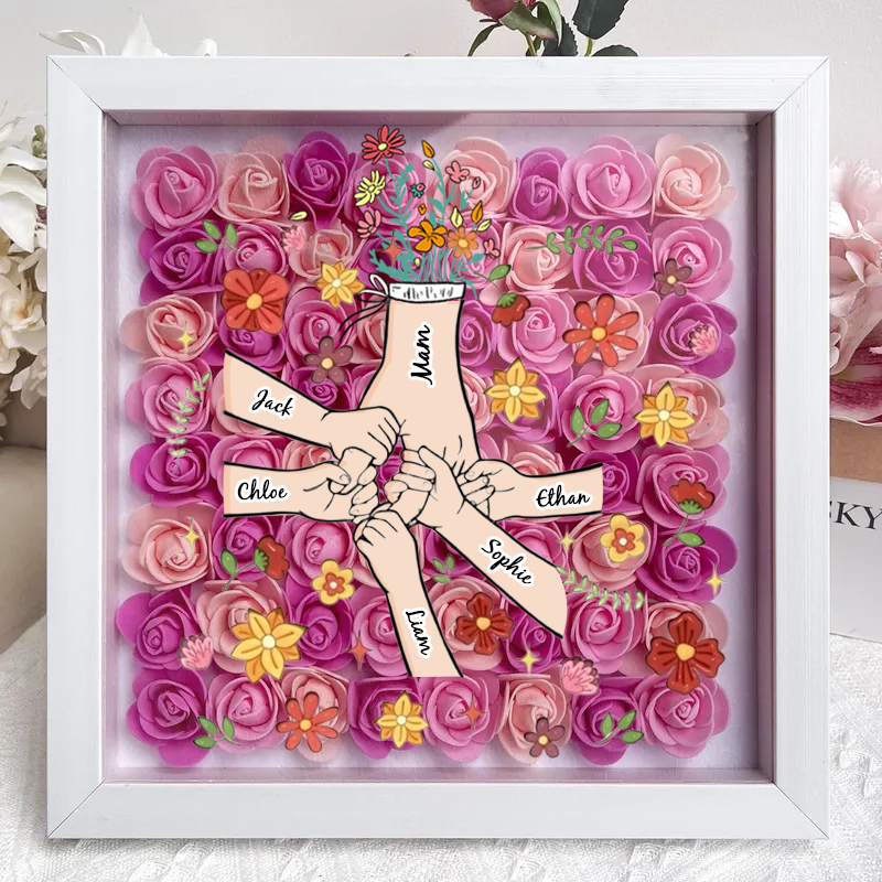 Personalized Flower Shadow Box, hand holding with many flowers- Mother's Day Gift