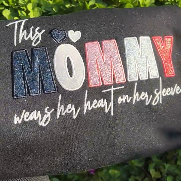 Custom Mama/Mom "Wear Heart on Her Sleeve" Sequin Sweatshirt with Kids' Names | Mother's Day Gifts