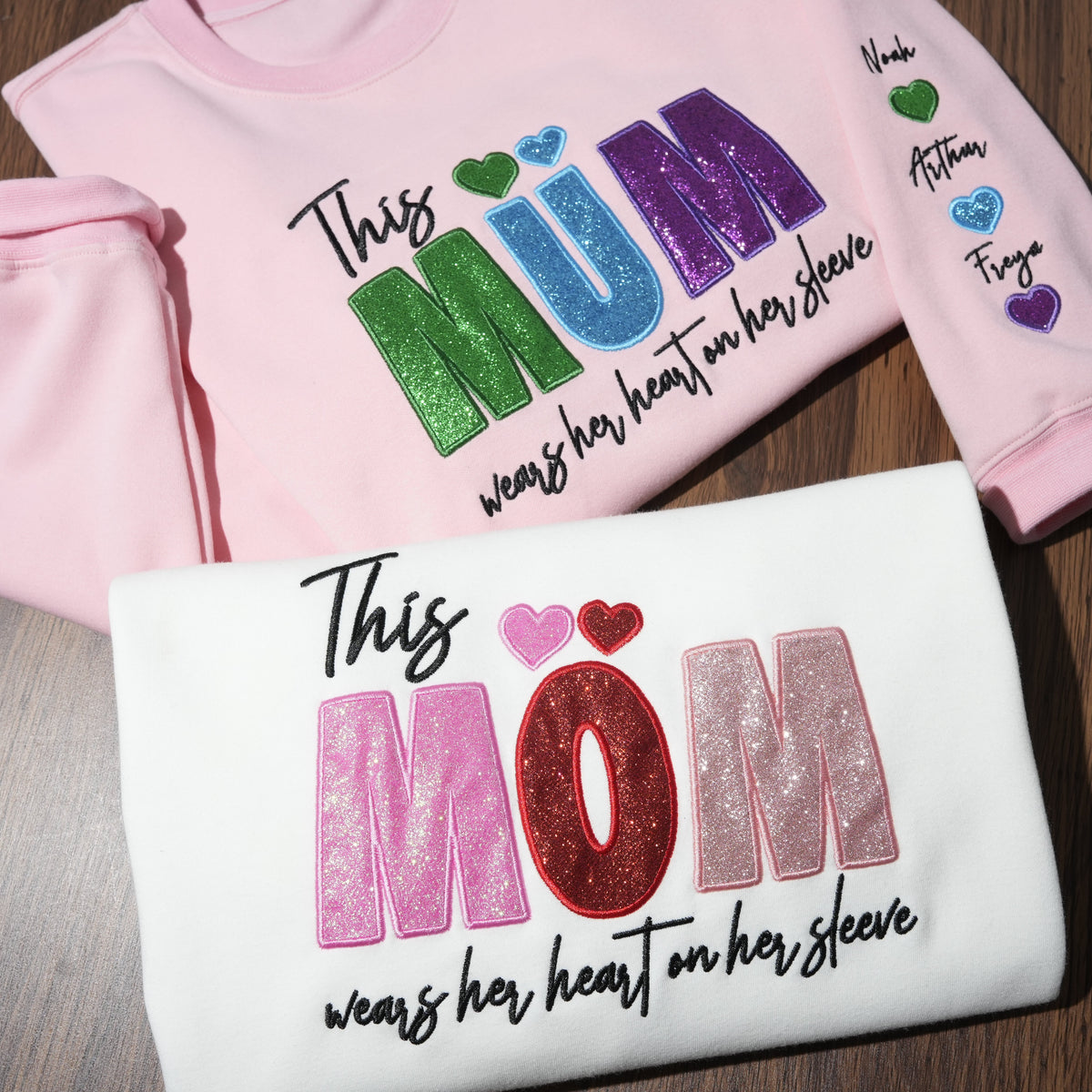 Custom Mama/Mom "Wear Heart on Her Sleeve" Sequin Sweatshirt with Kids' Names | Mother's Day Gifts