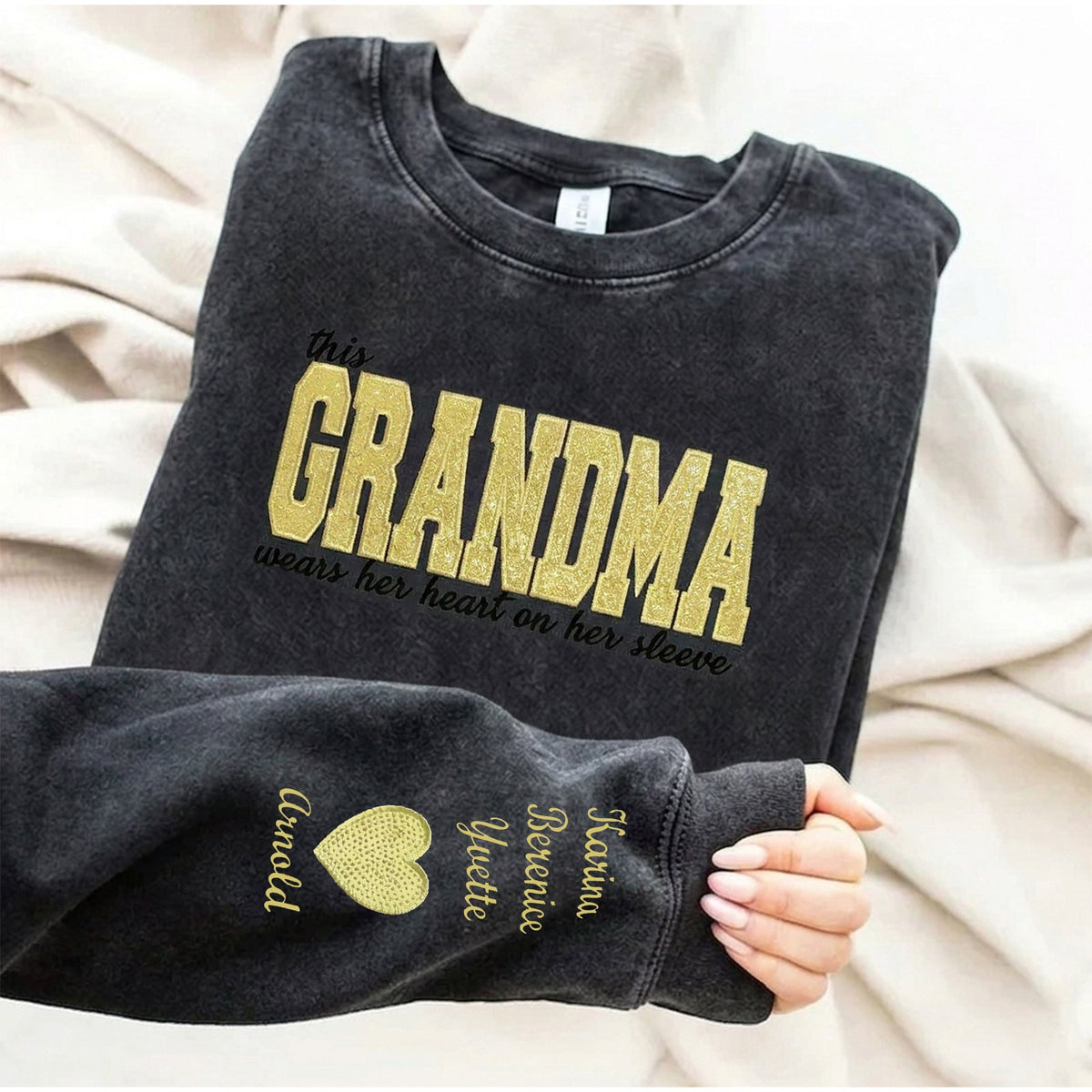 Custom Mama Glitter Embroidered Washed Sweatshirt with Kids' Names | Mother's Day Gift