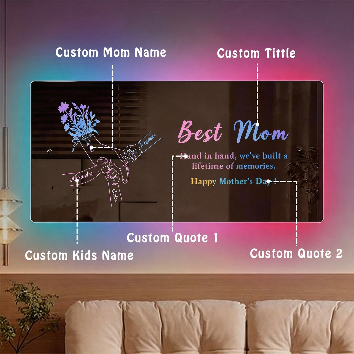 🤝Hand in Hand - Personalized Mom and Kids' Hands Mirror Light - Creative Mother's Day Gift