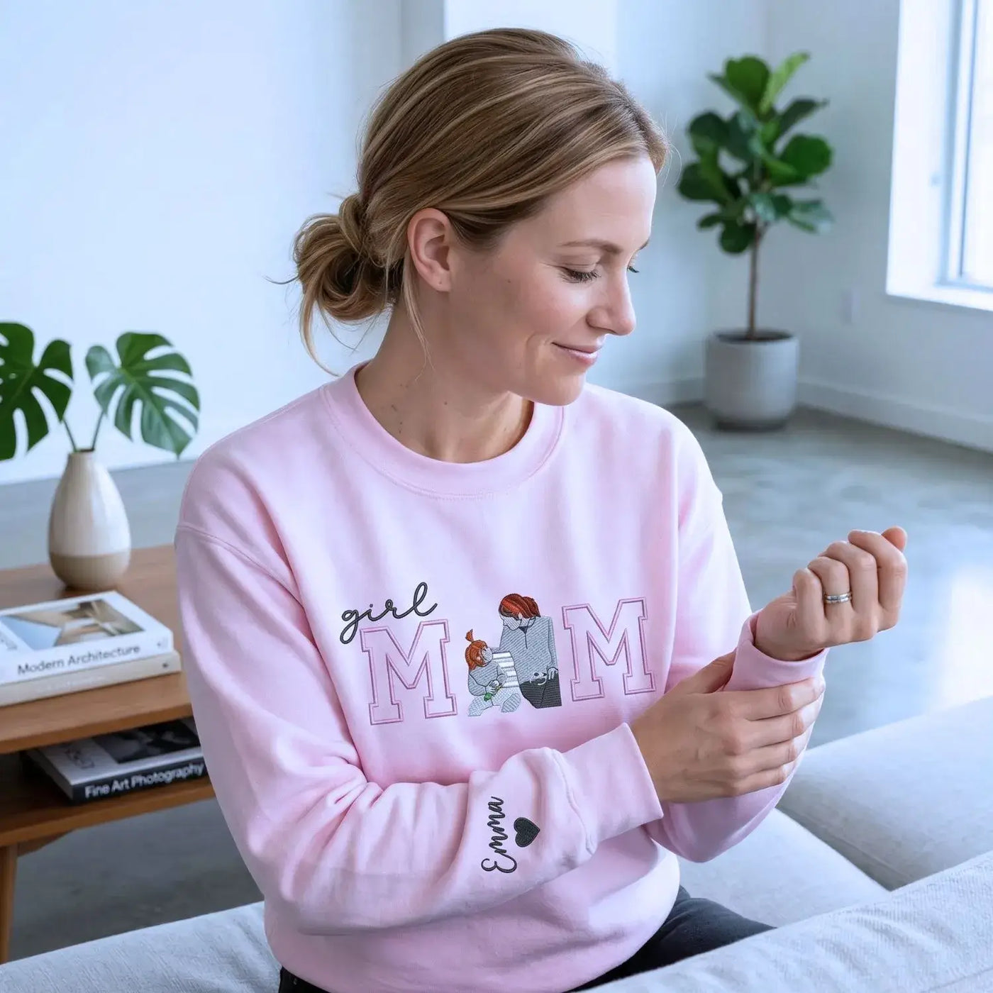 Custom Girl Mom with Embroidered Portrait from Photo and Kids Name Sweatshirt | Mother's Day Gift
