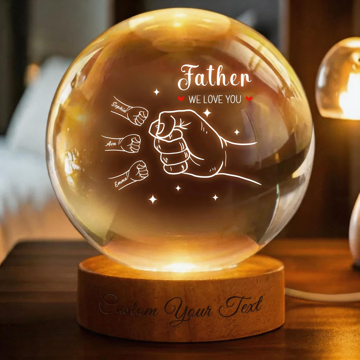Dad & Me Fist Bump Crystal Ball Lamp - Personalized LED Night Light for Dad, Daddy, Papa, Father