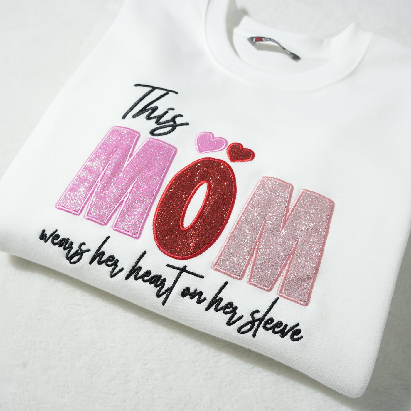 Custom Mama/Mom "Wear Heart on Her Sleeve" Sequin Sweatshirt with Kids' Names | Mother's Day Gifts
