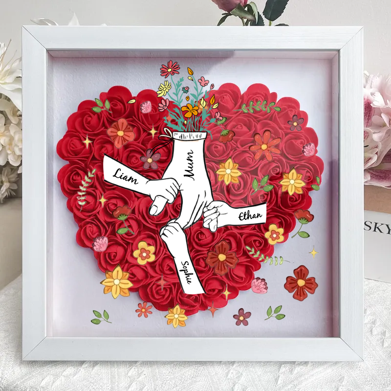 Personalized Flower Shadow Box, hand holding with many flowers- Mother's Day Gift