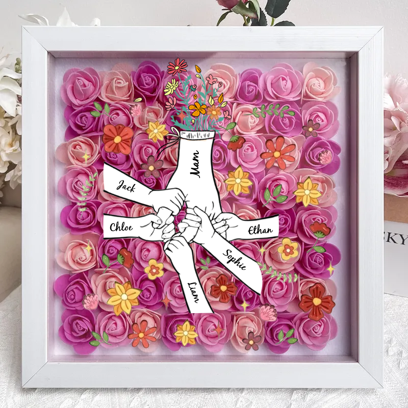 Personalized Flower Shadow Box, hand holding with many flowers- Mother's Day Gift