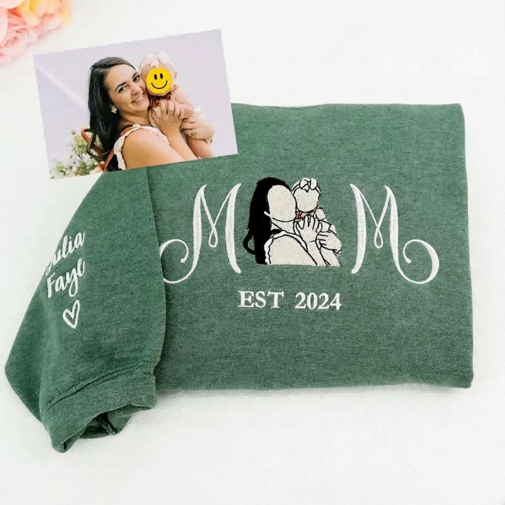 Custom Embroidered Mom Sweatshirt with Mom Kids Portrait | Mother's Day Gifts for Mom