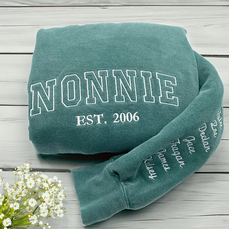 Custom Mama Embroidered Sweatshirt With Kids Names Sleeve | Mother's Day Gift