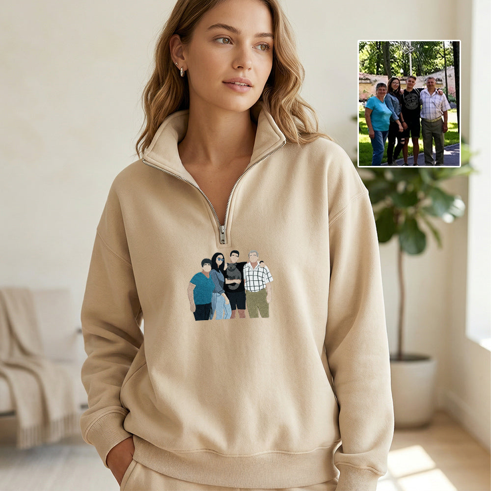 Custom Family Portrait From Photo Embroidered Quarter Zip Sweatshirt | Mother's Day Gift