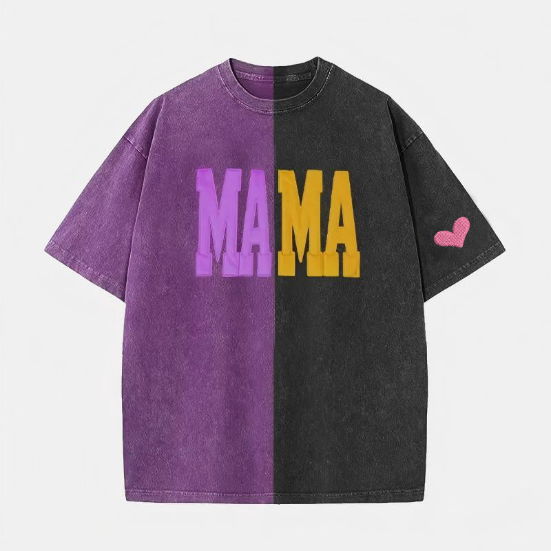 Custom Fabric Applique MAMA Two Tone Embroidered Vintage Washed T-Shirt for Mother's Day