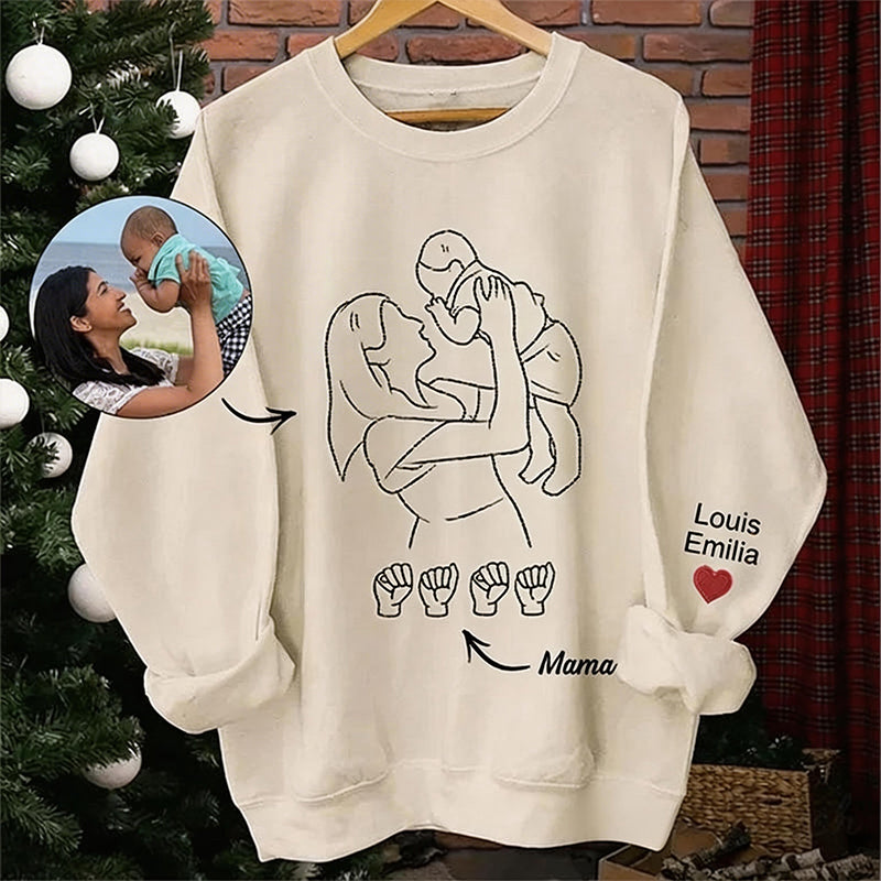 Custom Photo Outline Embroidered Sweatshirt with Sign Language | Mother's Day Gift
