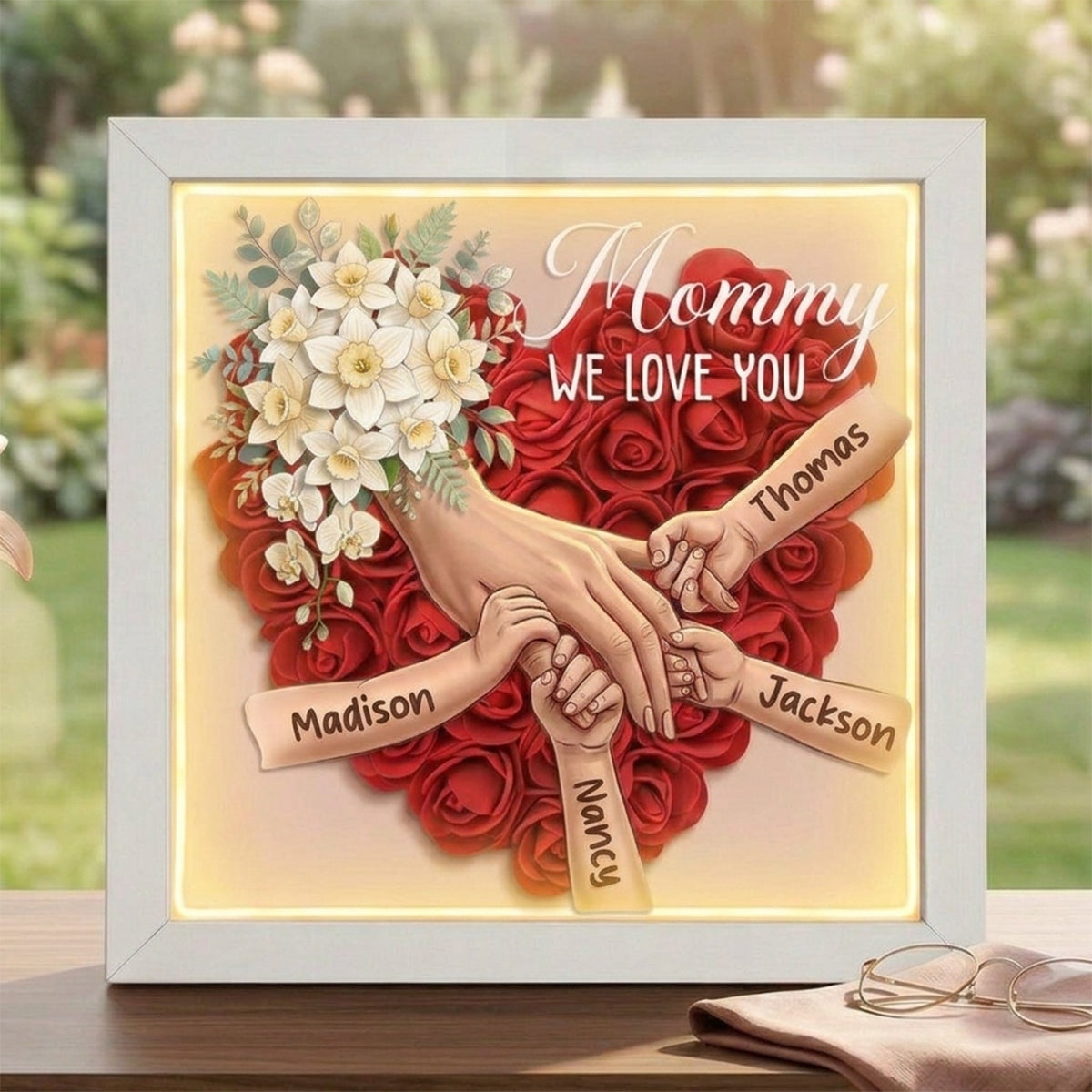 "Daffodil"-Personalized Mom Holding Hands  Shadow Box-Mother's Day Remembrance Frame, In Loving Memory Gift