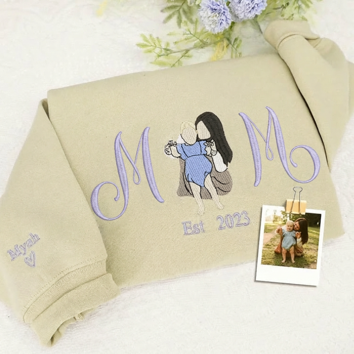 Custom Embroidered Mom Sweatshirt with Mom Kids Portrait | Mother's Day Gifts for Mom