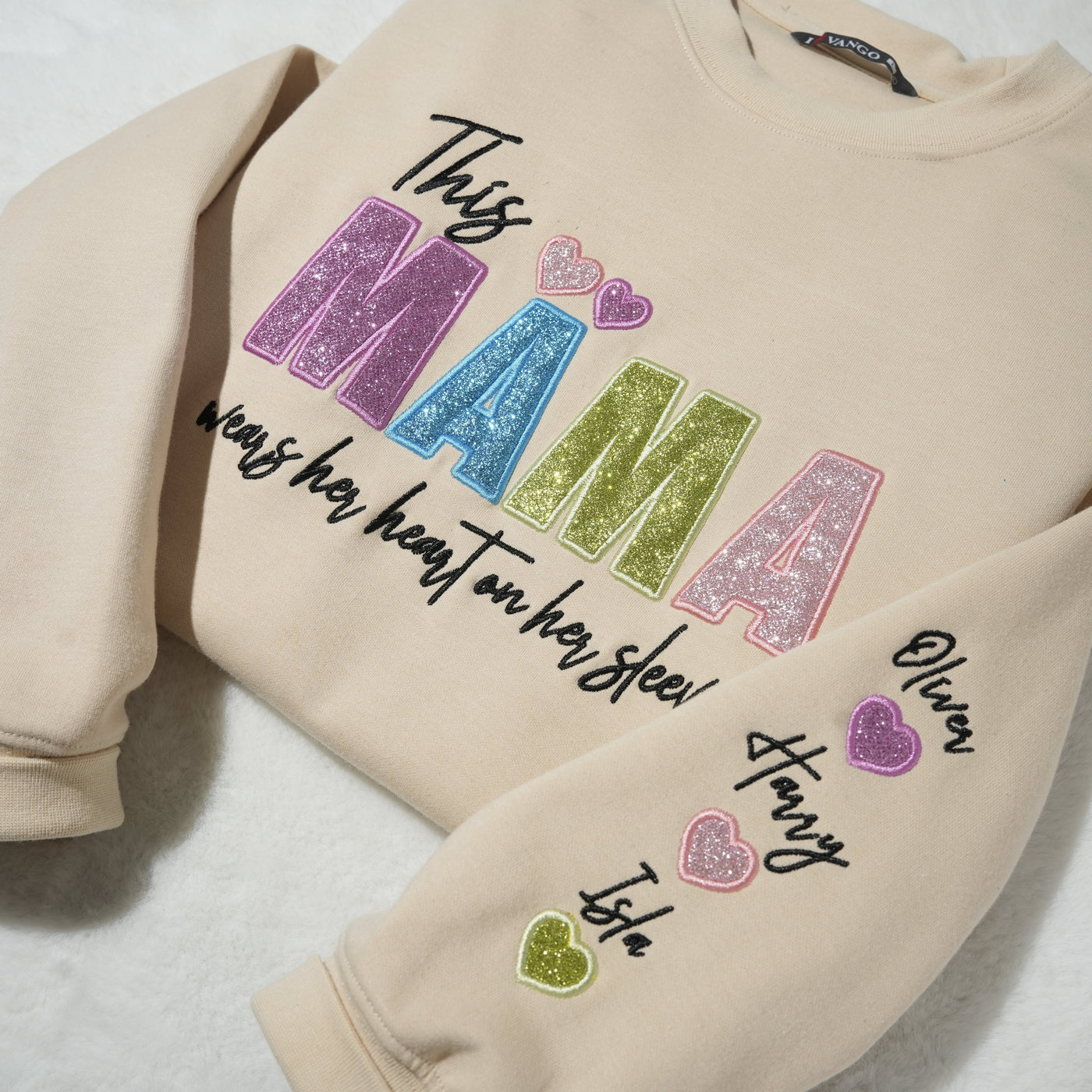 Custom Mama/Mom "Wear Heart on Her Sleeve" Sequin Sweatshirt with Kids' Names | Mother's Day Gifts