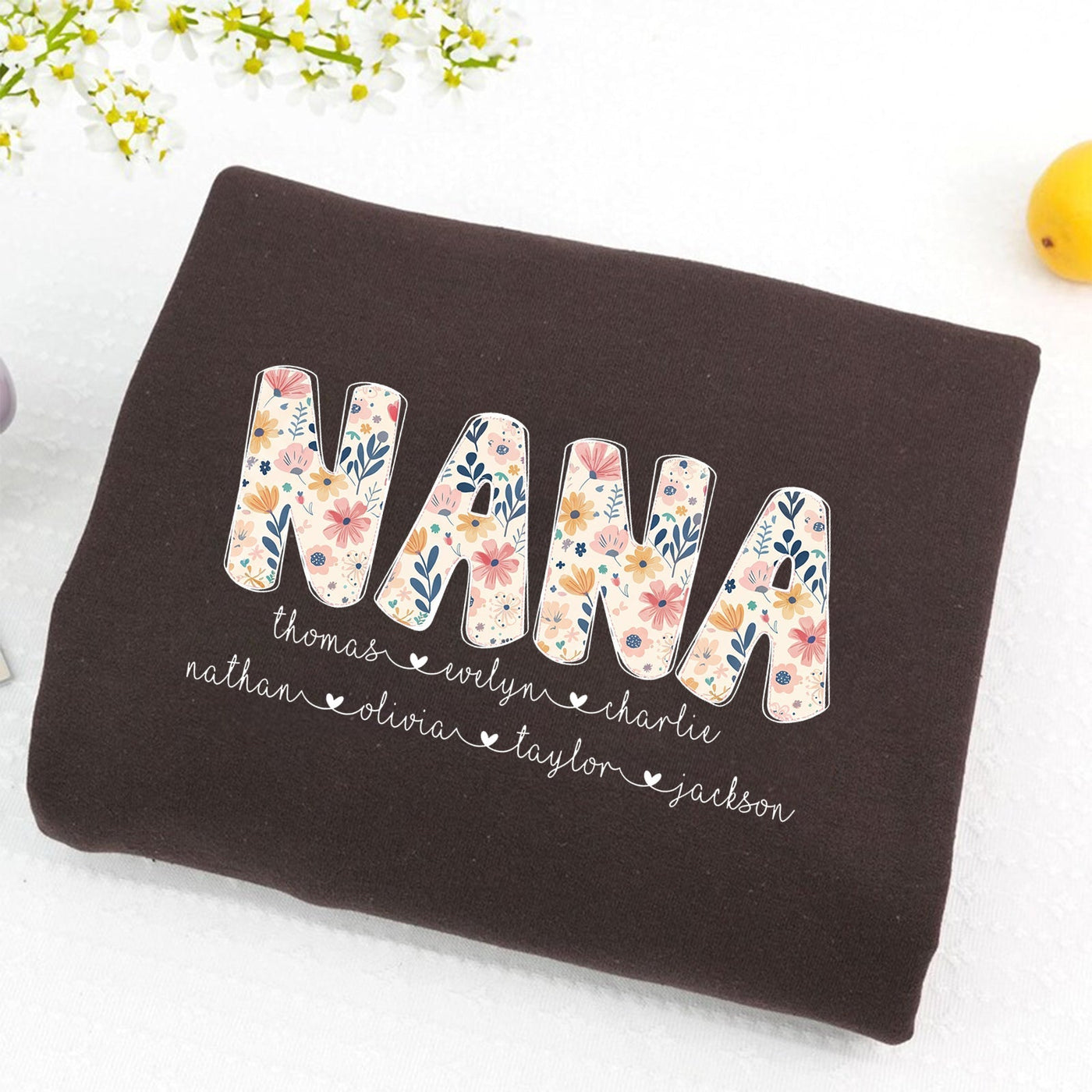 Personalized Nana Sweatshirt with Grandkids' Names - Floral Grandma Gift