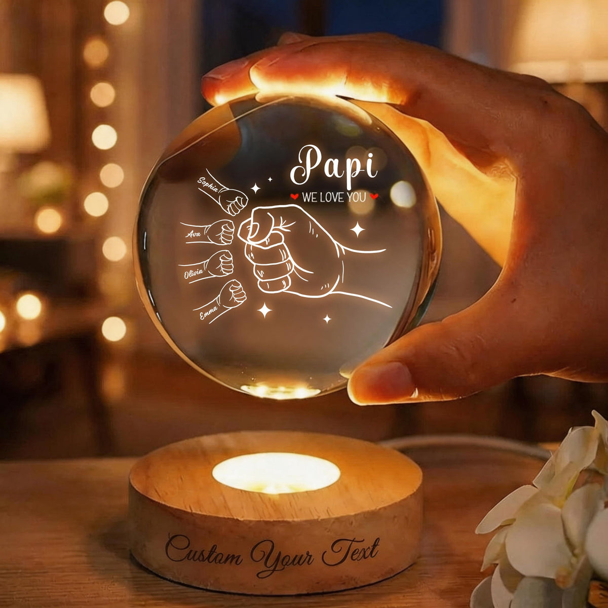 Dad & Me Fist Bump Crystal Ball Lamp - Personalized LED Night Light for Dad, Daddy, Papa, Father