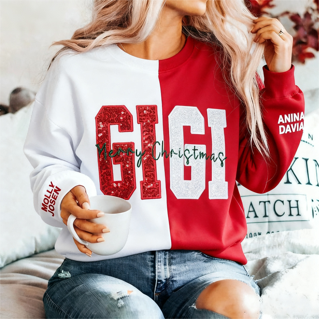 Custom Two Tone Sequins Mama Sweatshirt Christmas Split Fashion Embroidered Hoodie