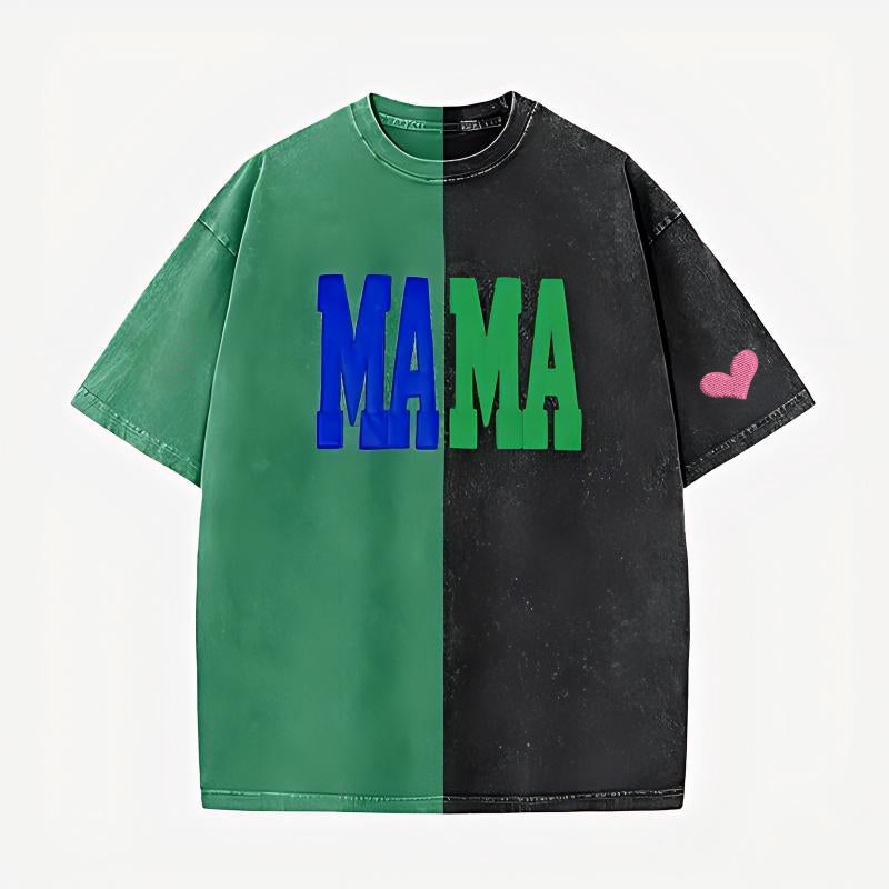 Custom Fabric Applique MAMA Two Tone Embroidered Vintage Washed T-Shirt for Mother's Day