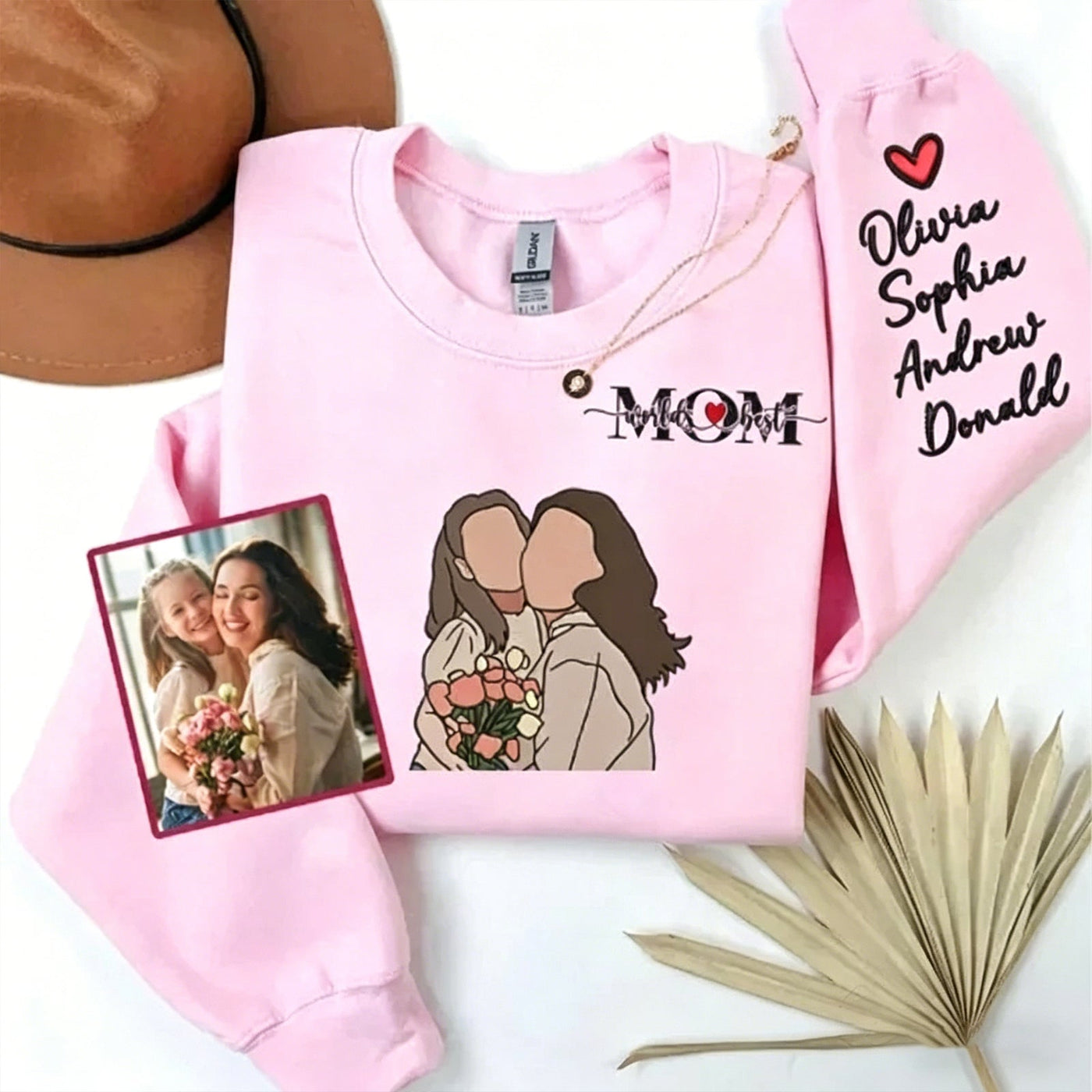 Personalized Photo Custom Embroidered Kids Names Sweatshirt for Mother’s Day Gift