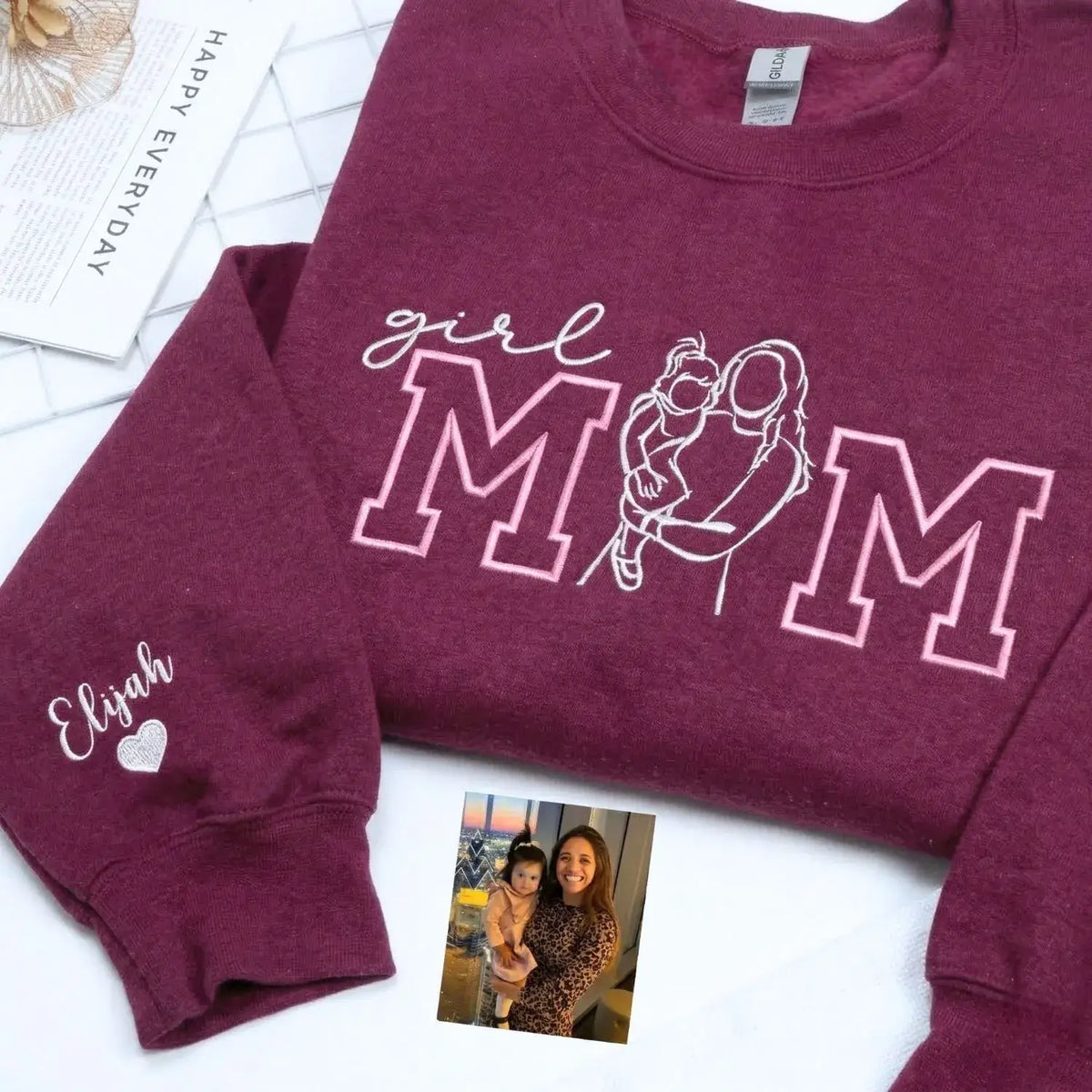 Custom Girl Mom with Embroidered Portrait from Photo and Kids Name Sweatshirt | Mother's Day Gift