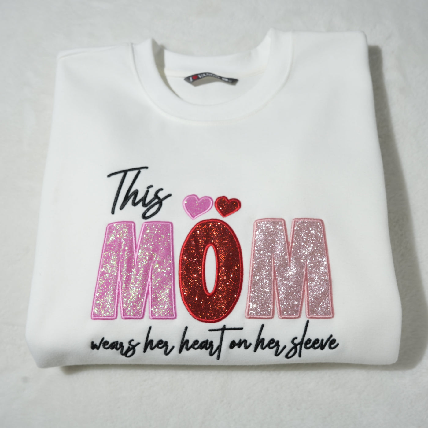 Custom Mama/Mom "Wear Heart on Her Sleeve" Sequin Sweatshirt with Kids' Names | Mother's Day Gifts