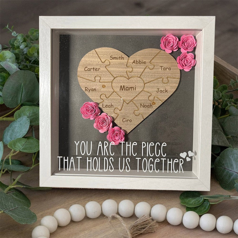 Personalized Mom Flower Shadow Box Heart Name Puzzle Piece For Mother's Day