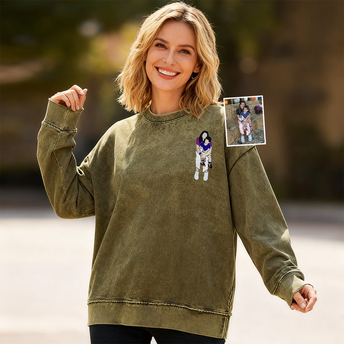 Custom Mama,Mom Portrait Embroidered Washed Sweatshirt | Mother's Day Gift