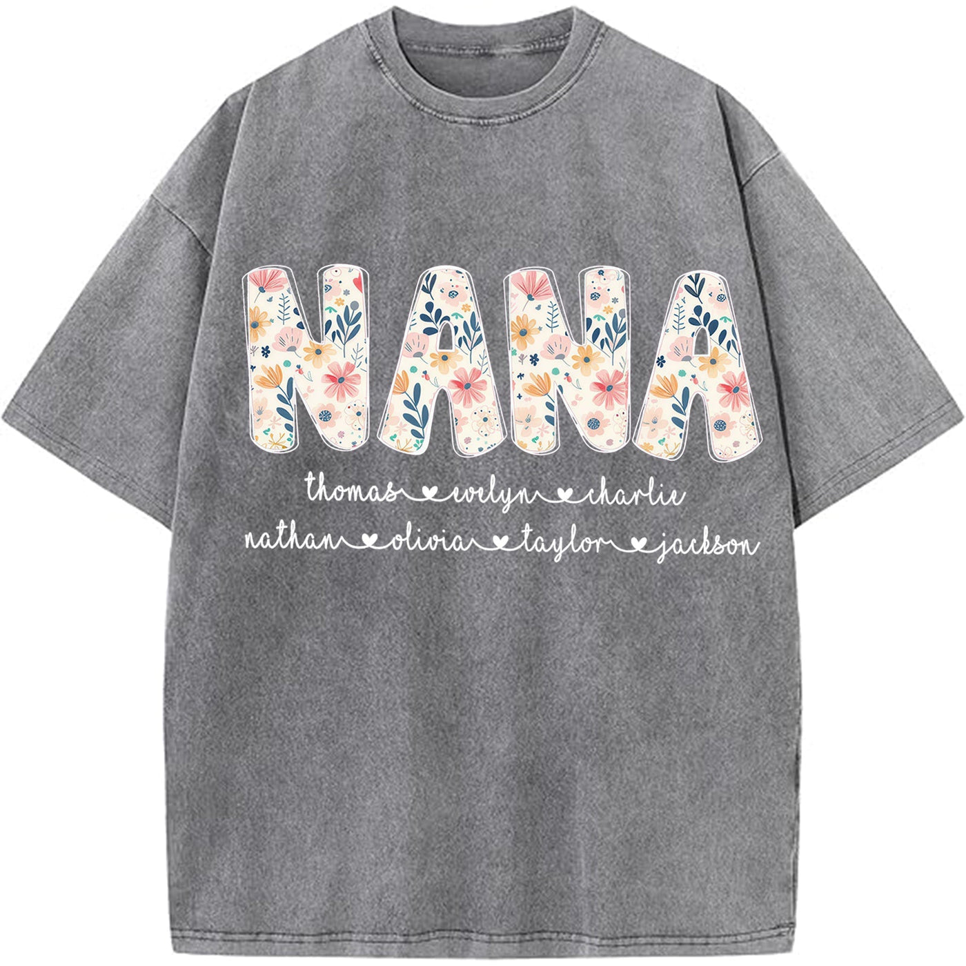 Personalized Nana Vintage Washed Sweatshirt with Grandkids' Names - Floral Grandma Gift