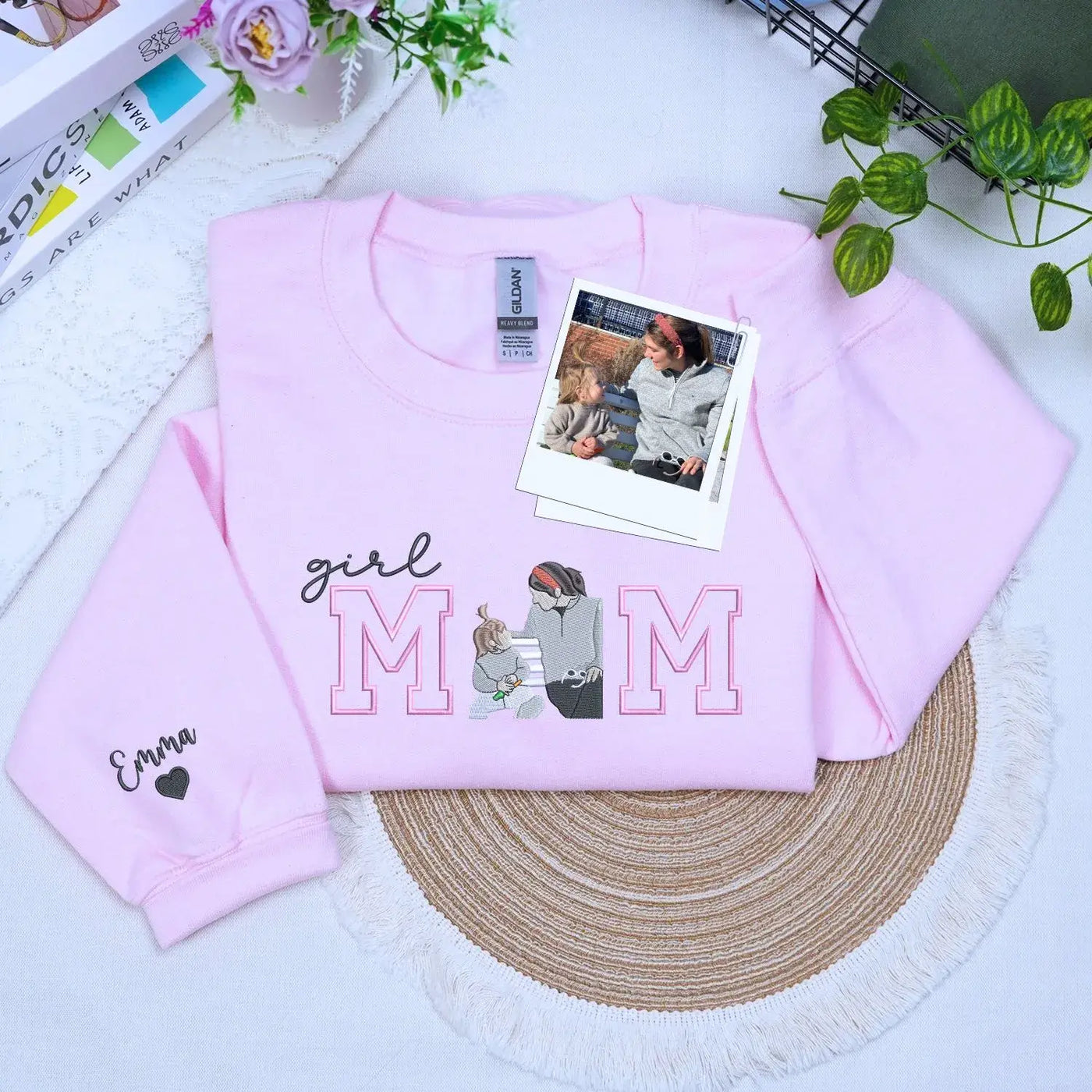 Custom Girl Mom with Embroidered Portrait from Photo and Kids Name Sweatshirt | Mother's Day Gift