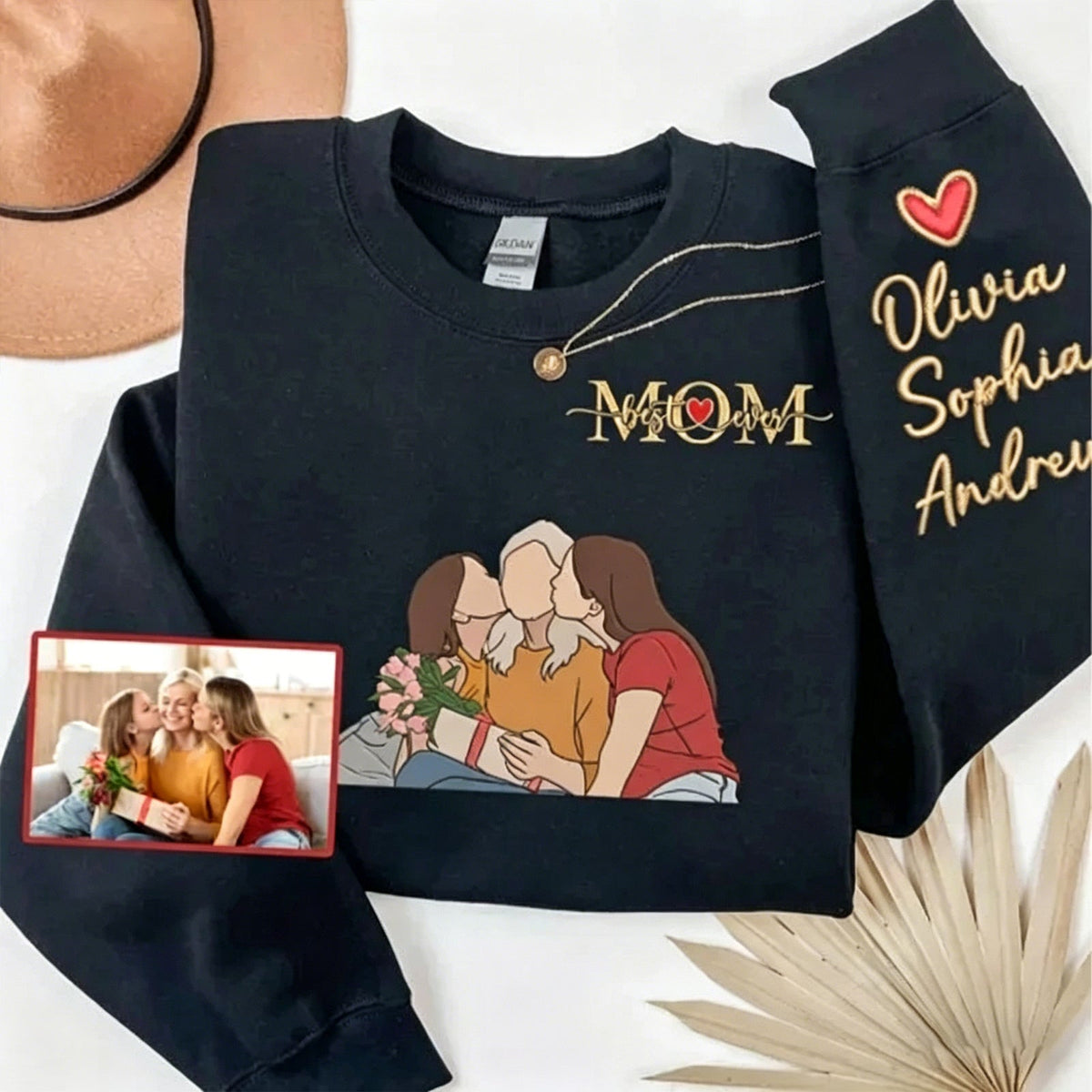 Personalized Photo Custom Embroidered Kids Names Sweatshirt for Mother’s Day Gift