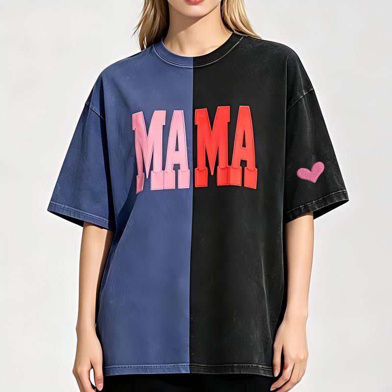 Custom Fabric Applique MAMA Two Tone Embroidered Vintage Washed T-Shirt for Mother's Day